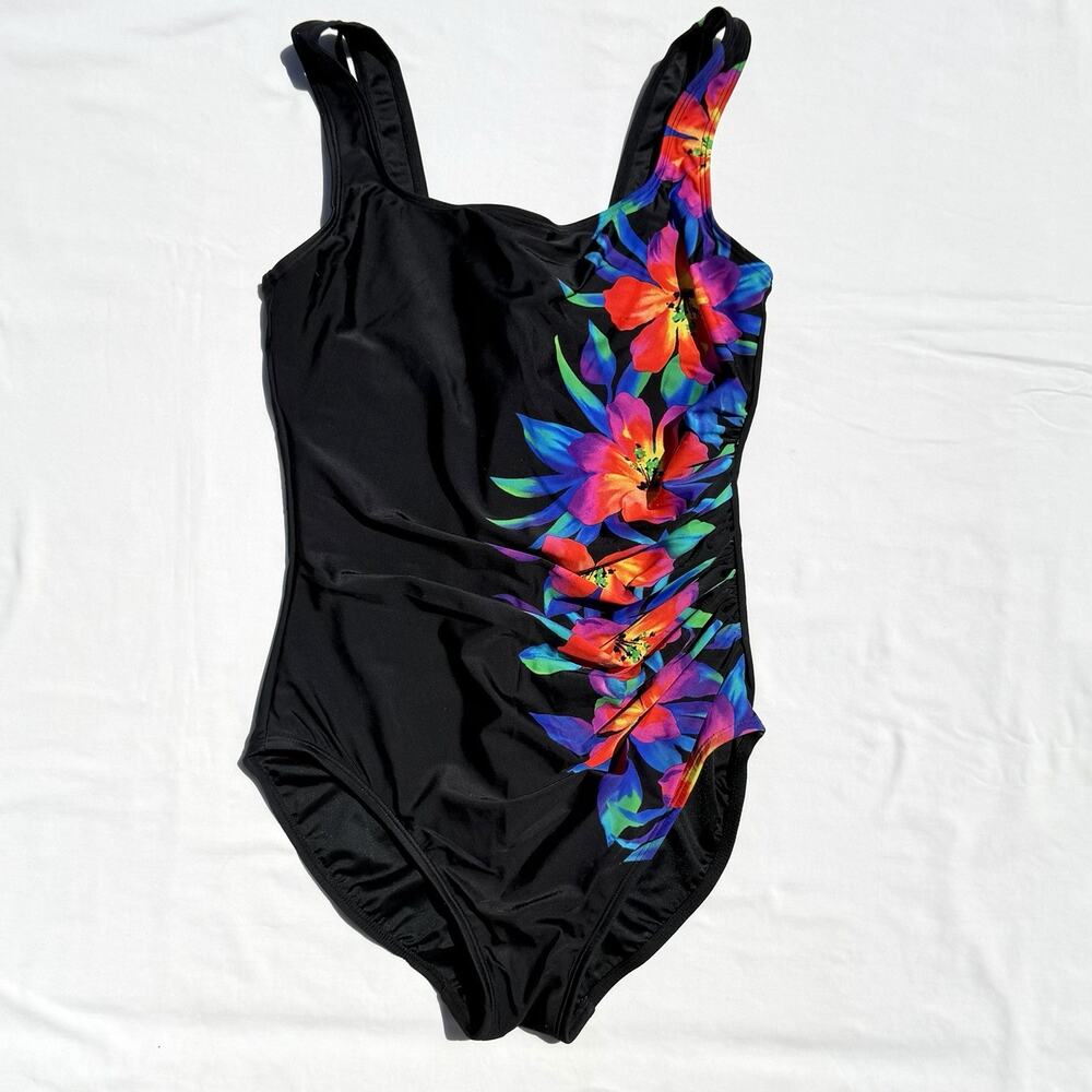 Miraclesuit Kirkland Slimming One Piece Swimsuit Womens 12 Black Floral Tropical